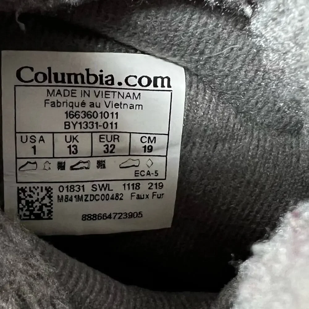 Columbia charcoal gray pink faux fur trim winter lace up ankle snow boots size 1